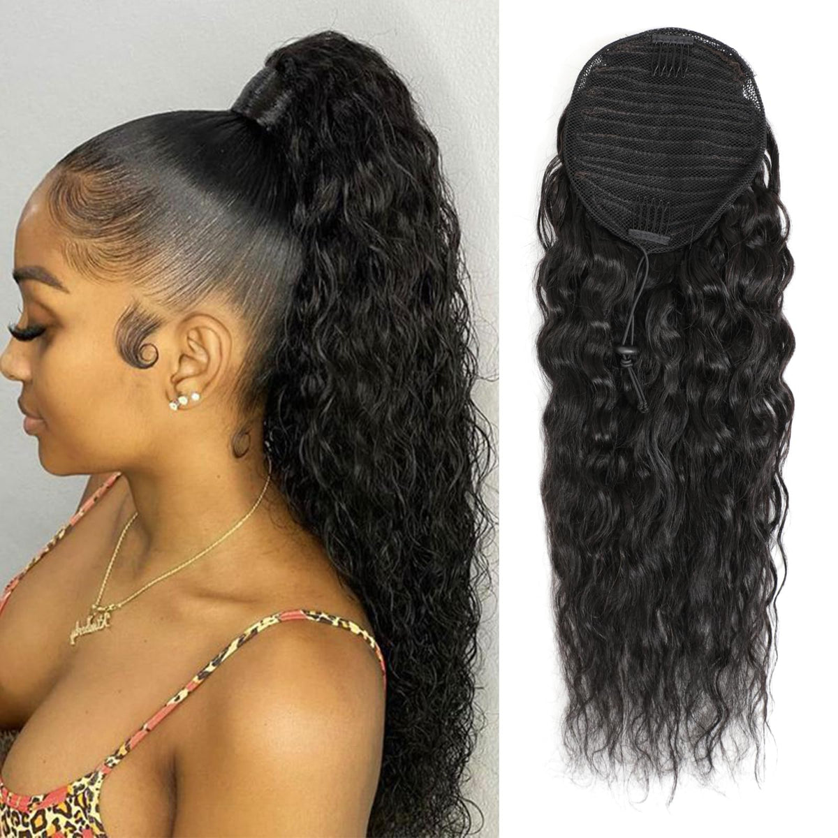 Adette front view of packaged water wave ponytail showing natural 1B color and styling benefit