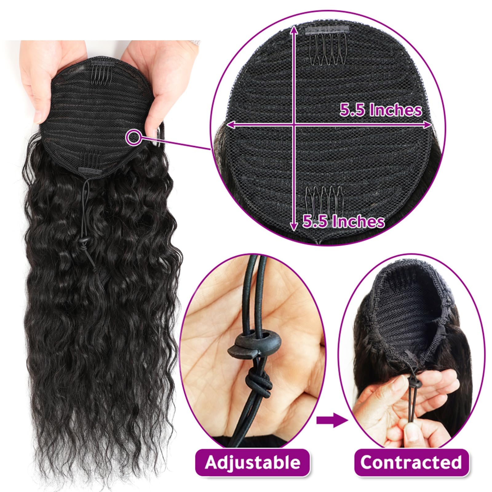 Adette model wearing drawstring ponytail showing blended look and instant volume benefit
