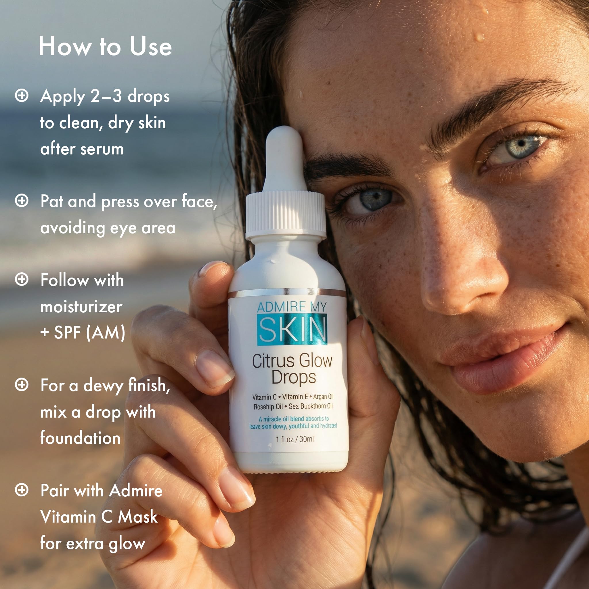 Admire My Skin before and after swipe showing improved skin luminosity benefit