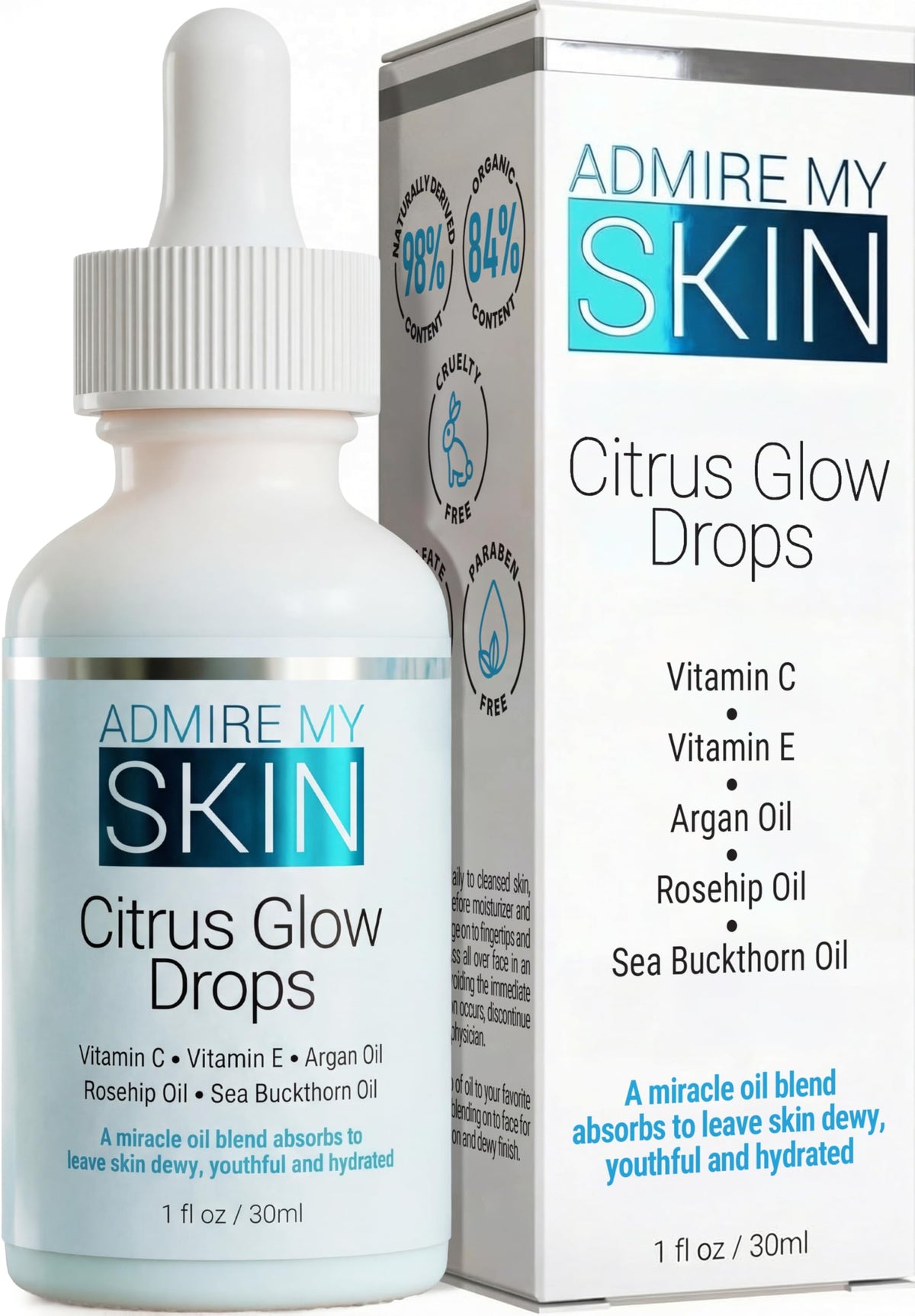 Admire My Skin bottle front view showing citrus glow drops and brightening benefit