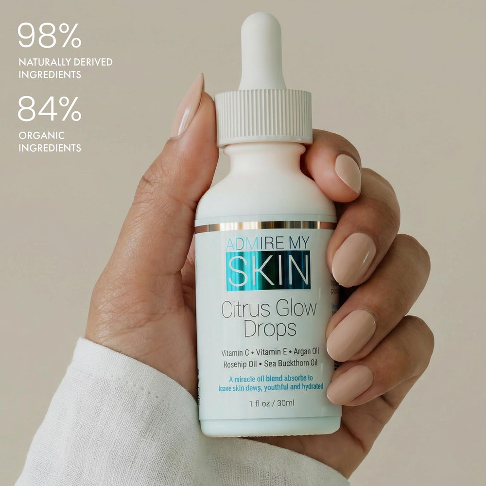 Admire My Skin oil texture on hand showing lightweight absorption and dewy finish benefit