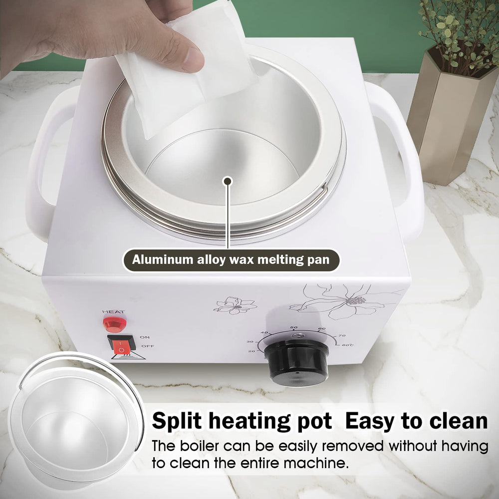 Adoture wax warmer label and aluminum pot detail indicating durability