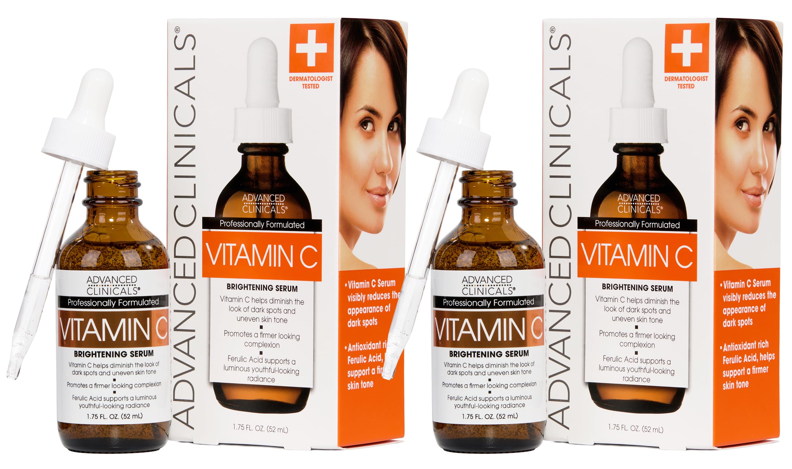 Advanced Clinicals front packaging showing two serum bottles for brightening