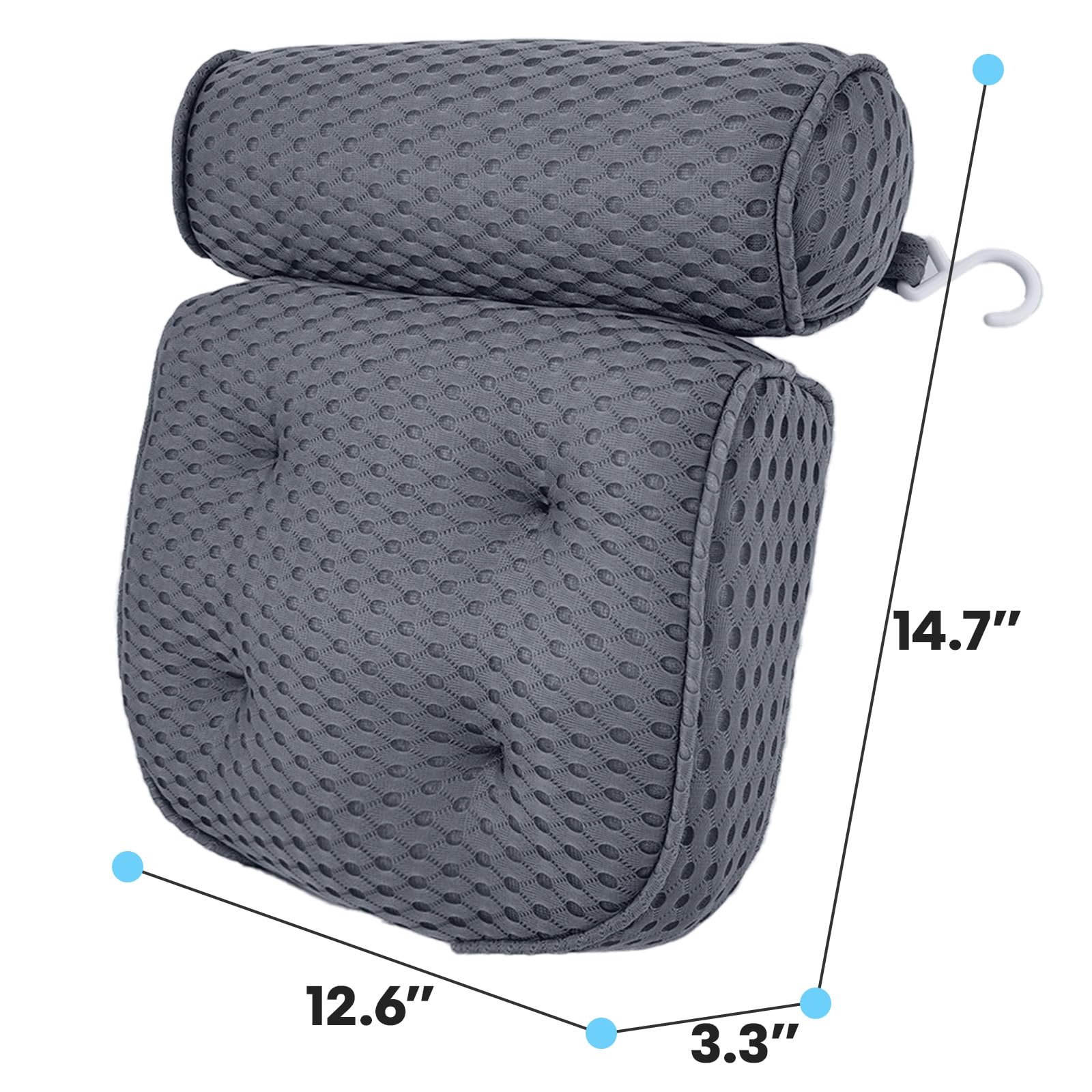 AEROiVi pillow next to ruler to show scale and fit for most tubs
