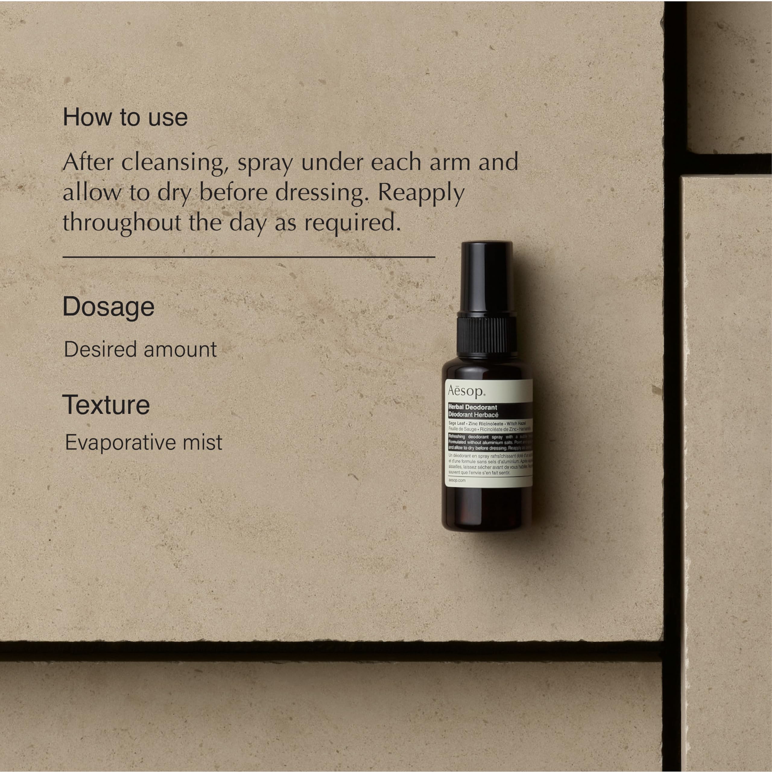 Aesop close-up of spray nozzle delivering fine mist, quick-dry benefit