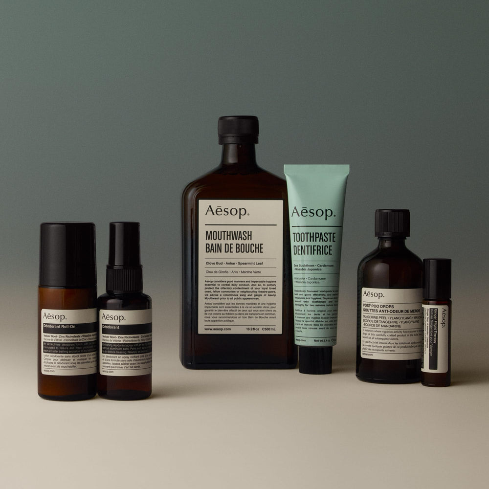 Aesop bottle beside common items showing 1.7 oz scale, portable benefit