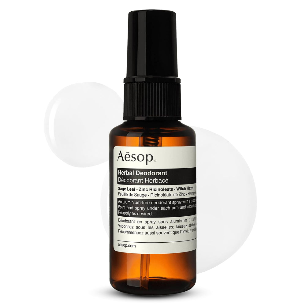 Aesop front packaging showing compact aluminium-free deodorant, travel-friendly benefit