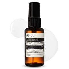 Aesop front packaging showing compact aluminium-free deodorant, travel-friendly benefit