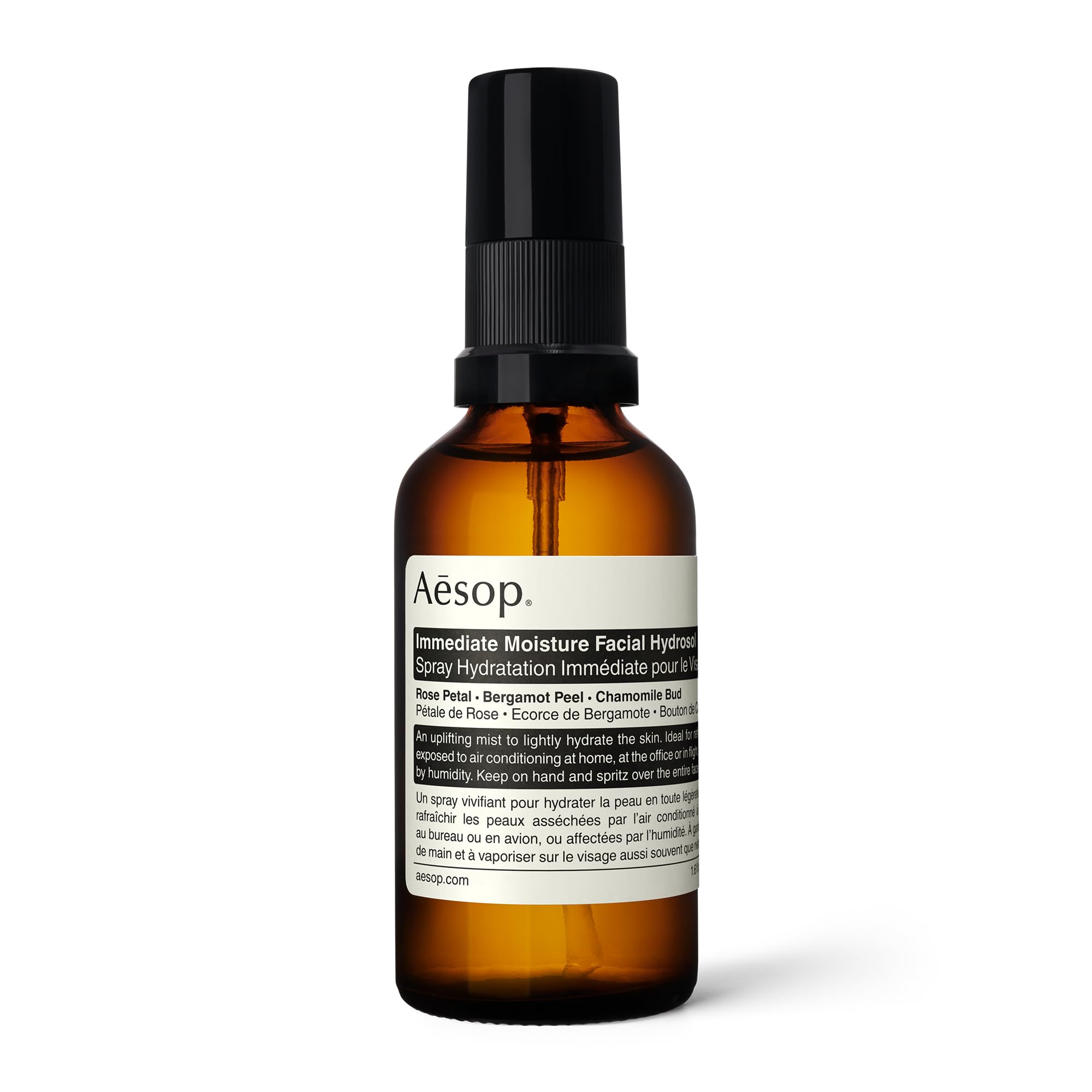 Aesop Immediate Moisture Facial Hydrosol front packaging showing bottle and label benefit portable hydration