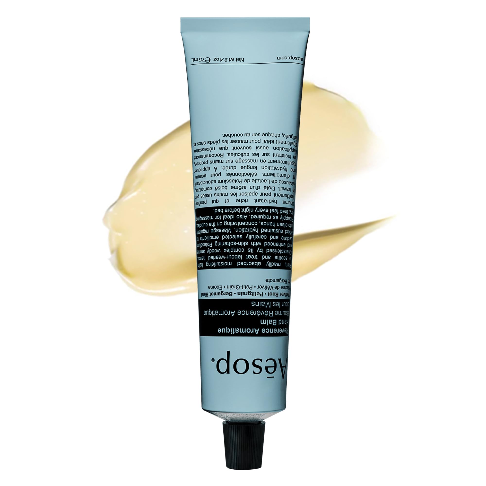 Aesop front tube showing product name and compact travel size benefit
