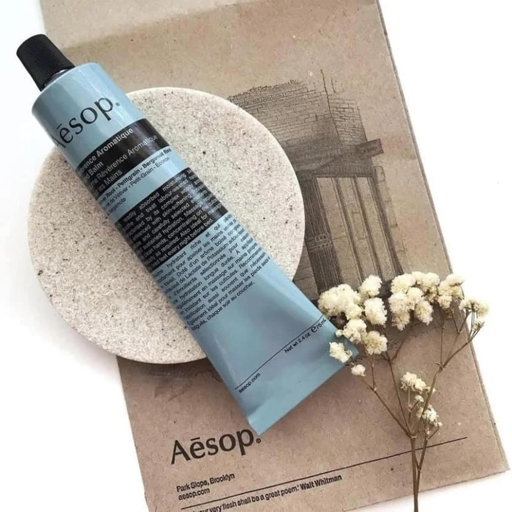 Aesop ingredients flatlay with bergamot and vetiver showcasing botanical origins