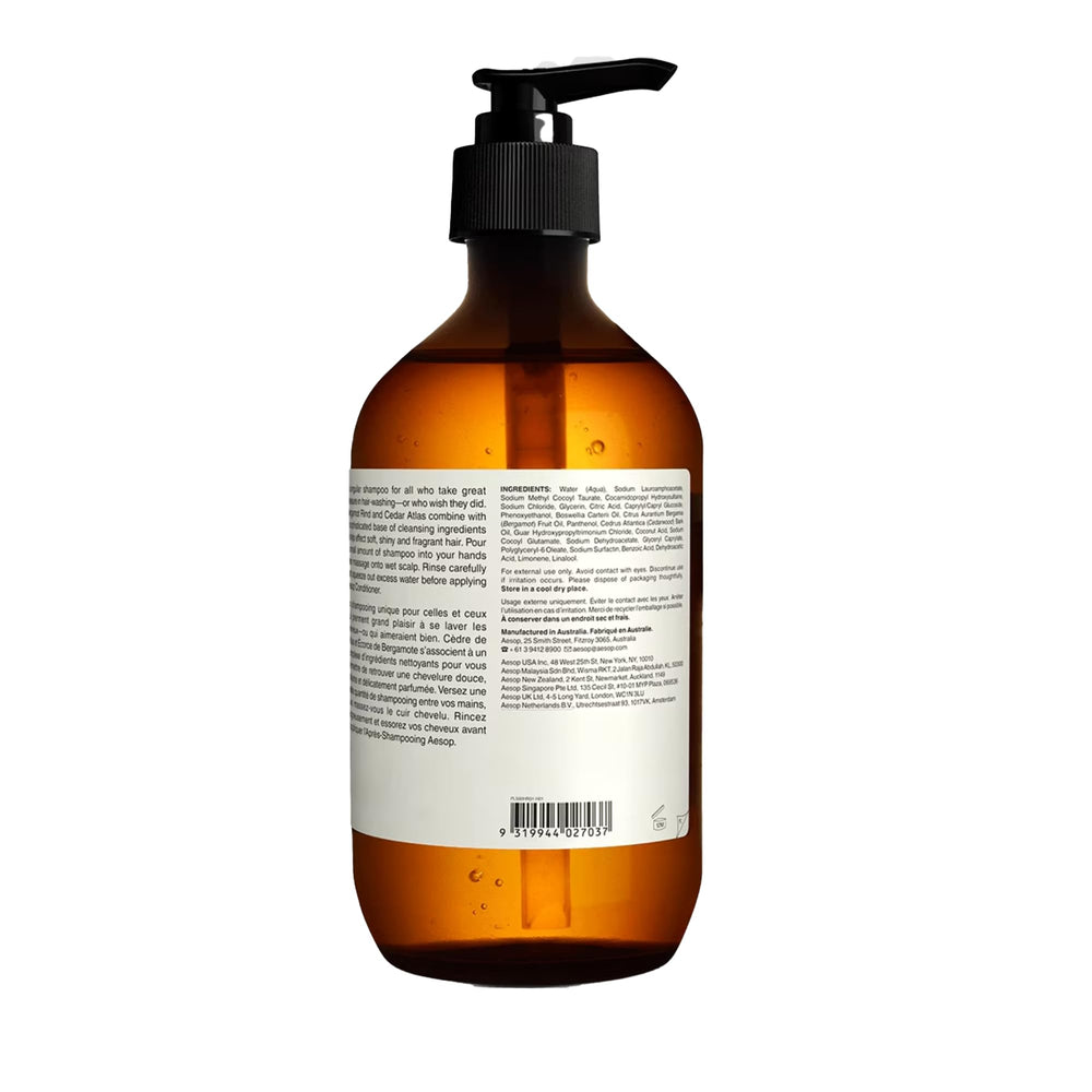 Aesop bottle in shower setting showing refreshing in-shower benefit