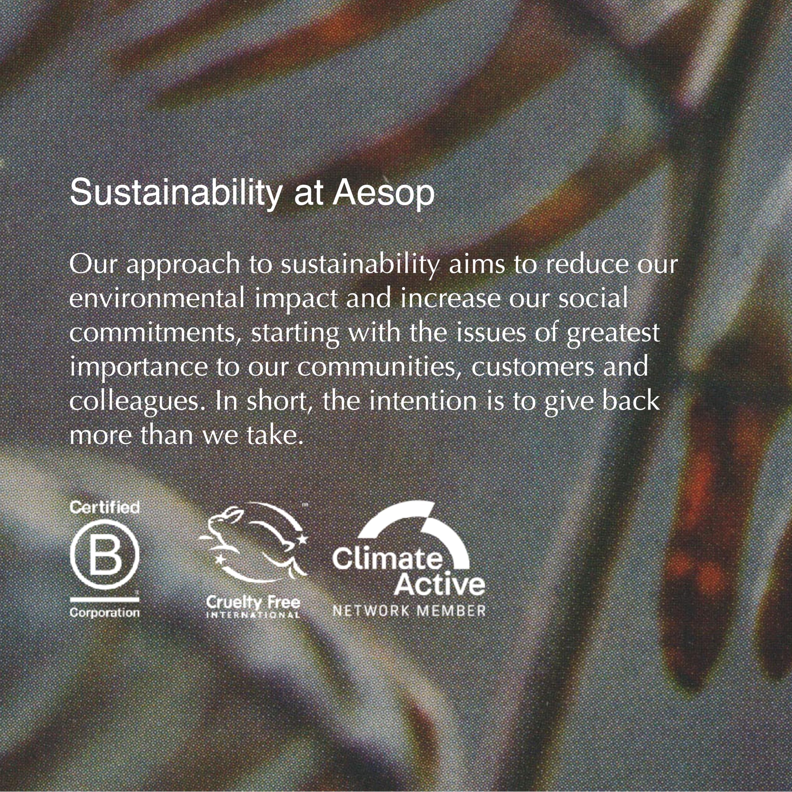 Aesop recycled-plastic bottle detail emphasizing sustainability benefit