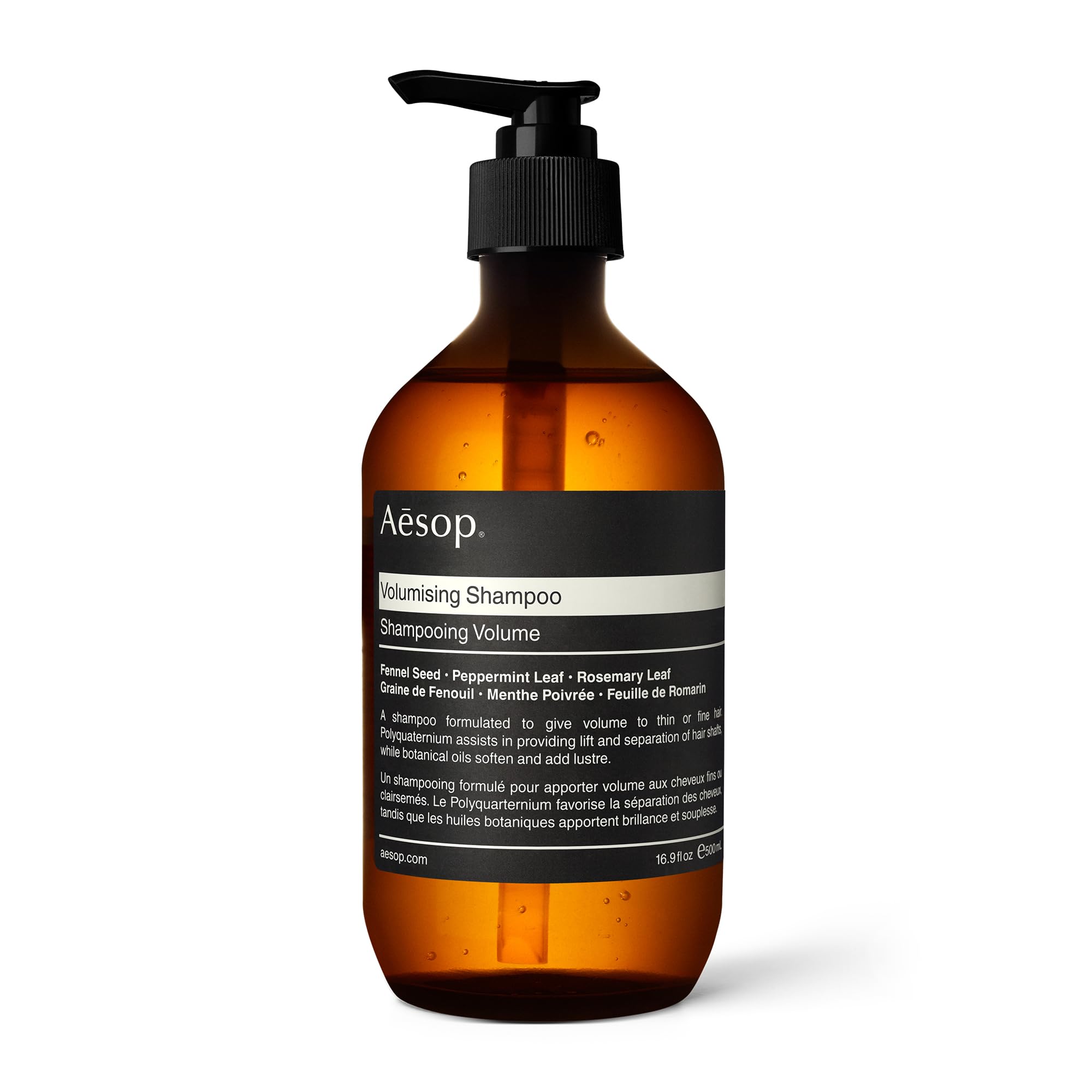 Aesop volumizing shampoo front bottle showing packaging and size benefit