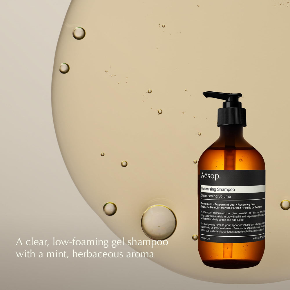 Aesop volumizing shampoo creamy texture on hand showing lightweight feel