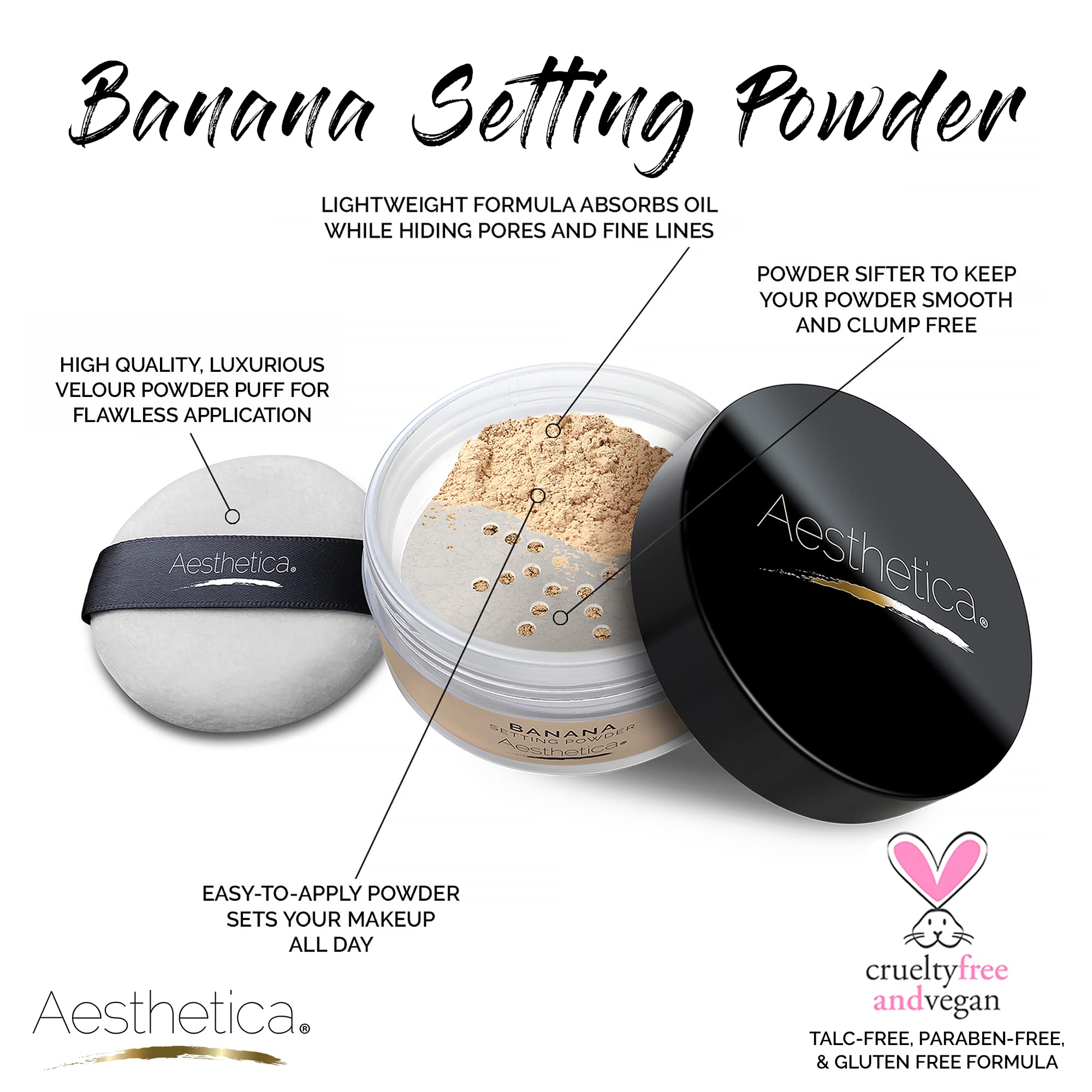 Aesthetica open sifter with velour puff ready for precise, mess-free application