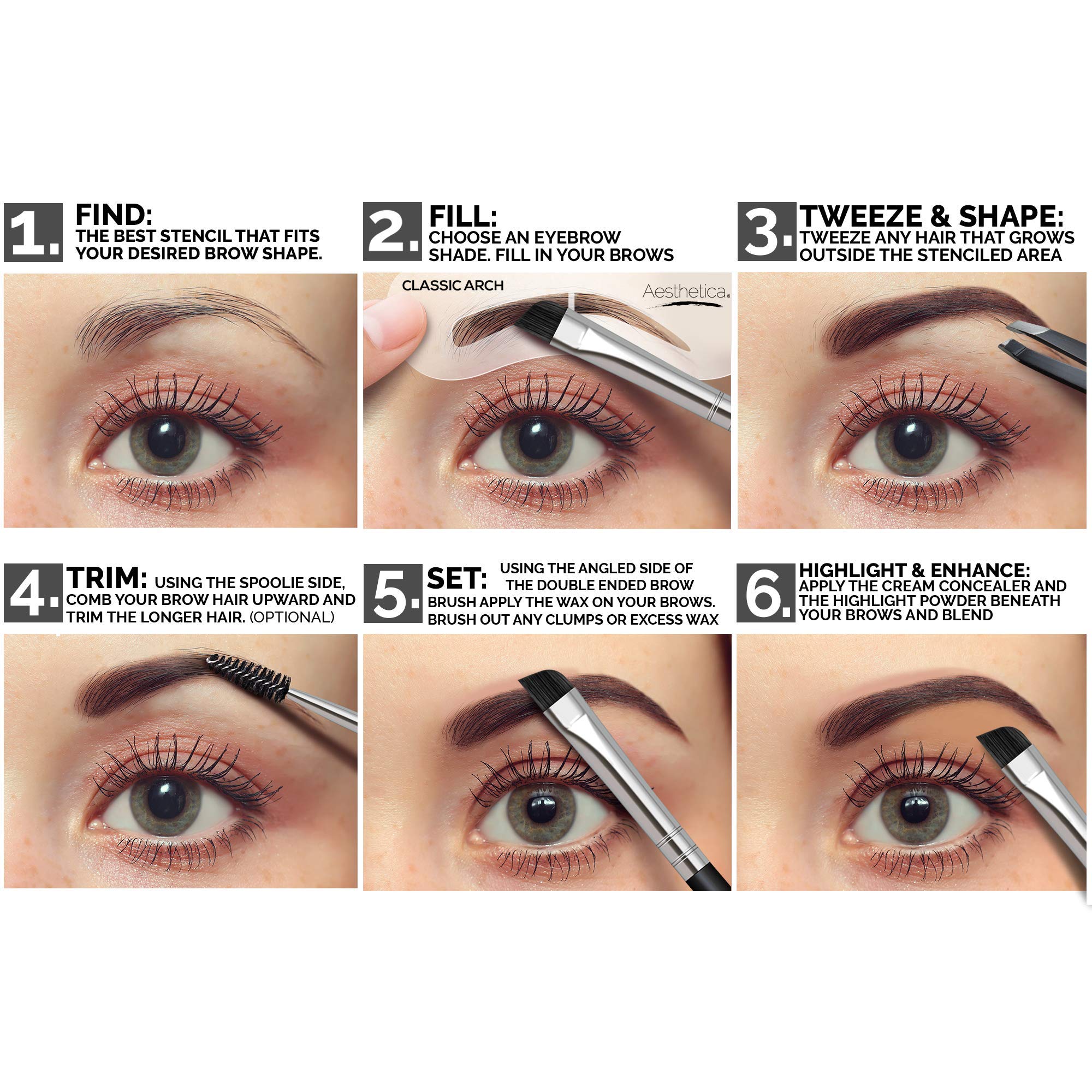 Aesthetica applying brow powder with angled brush for defined natural-looking arches