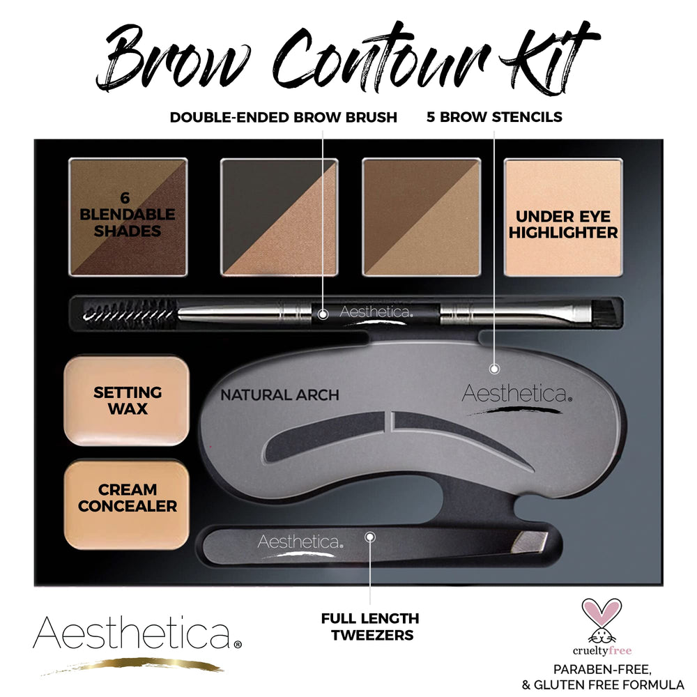 Aesthetica close-up of six brow powders displaying precise pigments for custom matches