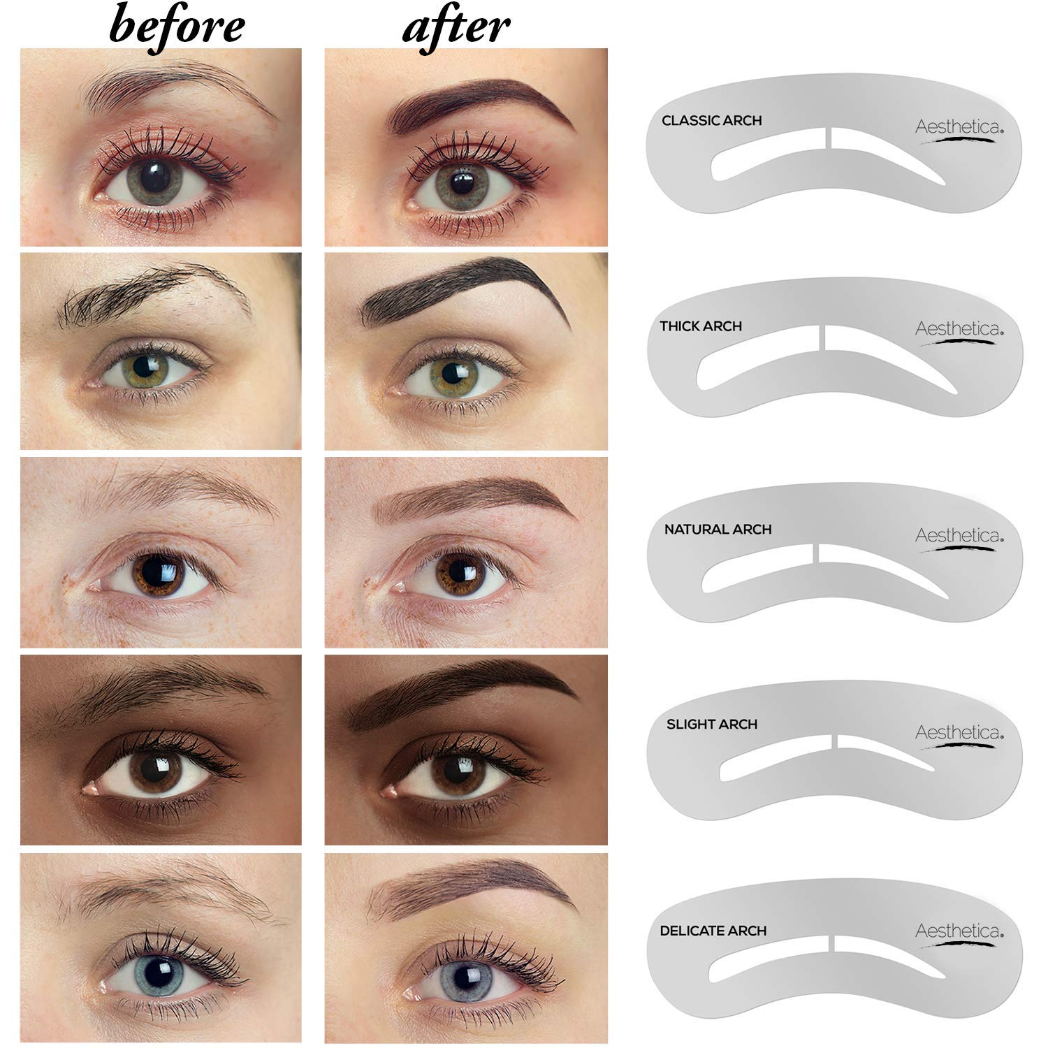 Aesthetica layout of brush spoolie tweezers stencils demonstrating all-in-one tools