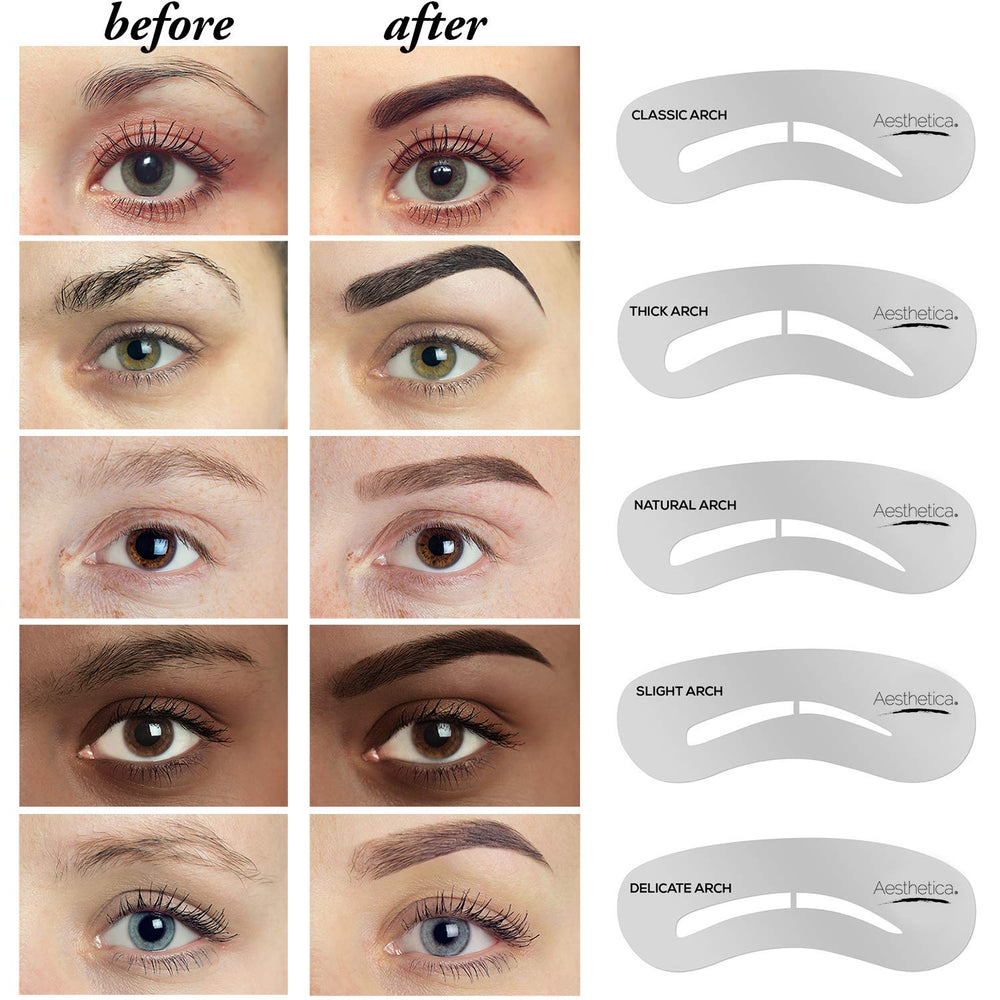Aesthetica layout of brush spoolie tweezers stencils demonstrating all-in-one tools