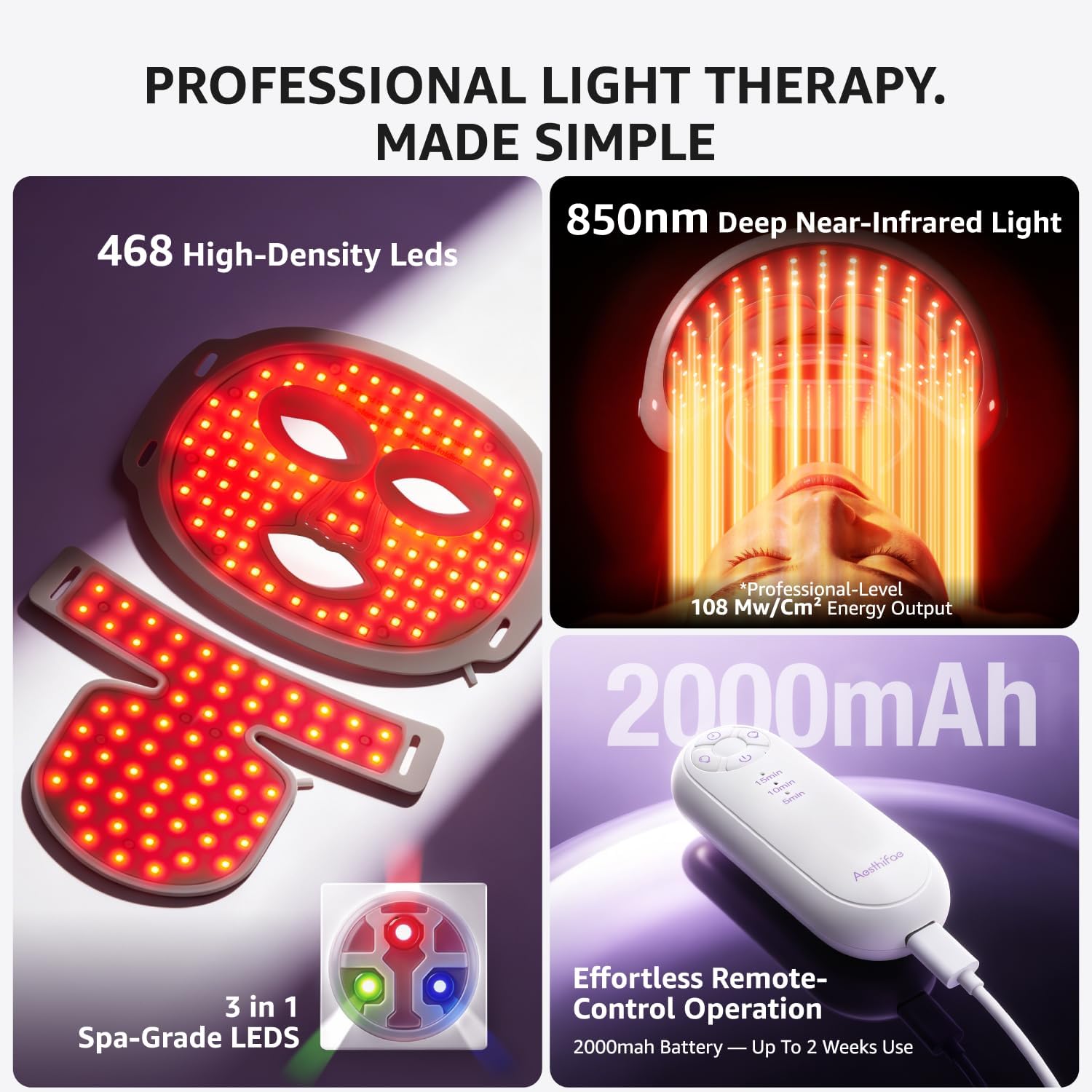 Aesthifae LED array closeup highlighting dense 468 LEDs for uniform energy