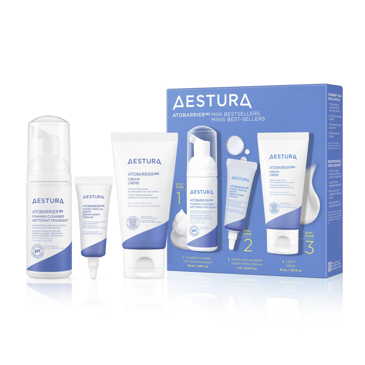AESTURA front packaging showing compact travel kit with gentle benefits