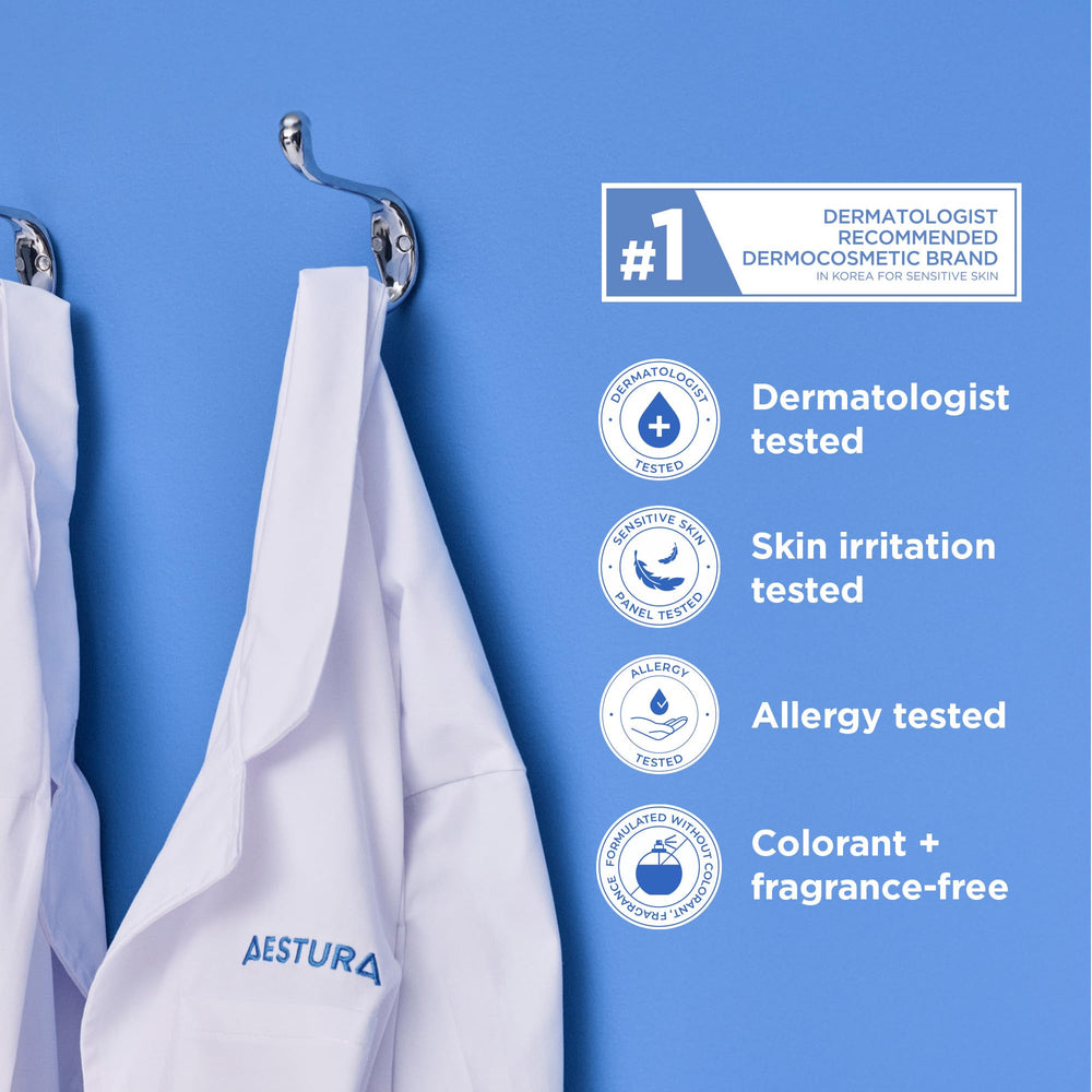 AESTURA products beside a passport showing compact, take-anywhere size