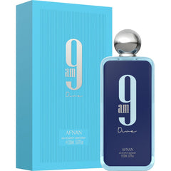Afnan 9 AM Dive bottle side profile and cap highlighting premium finish