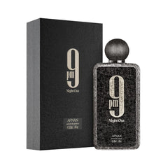 Afnan 9 PM angled bottle with cap detail highlighting premium finish
