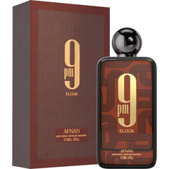 Afnan 9 PM Elixir box beside bottle, illustrating packaging and gifting value