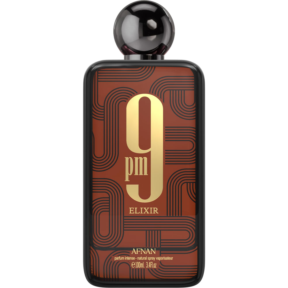 Afnan 9 PM Elixir front bottle showing elegant design and premium appeal