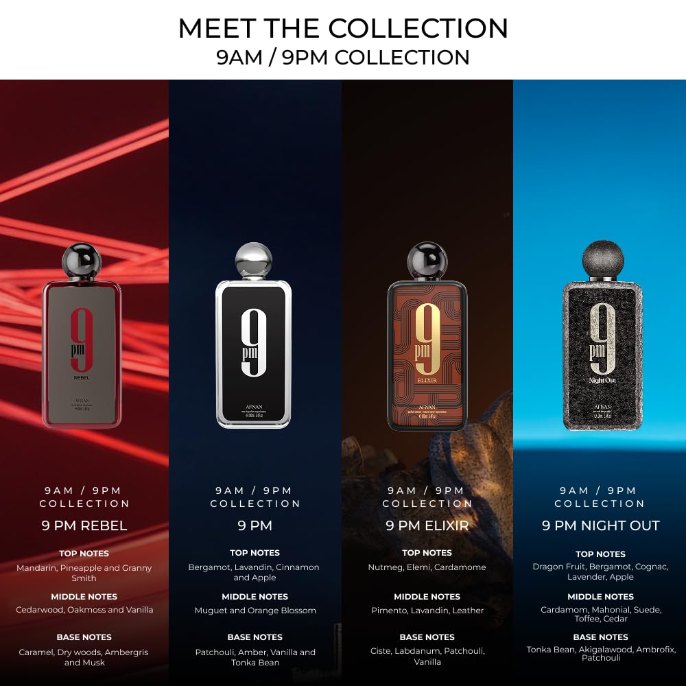 Afnan 9 PM Elixir label detail displaying brand and fragrance sophistication