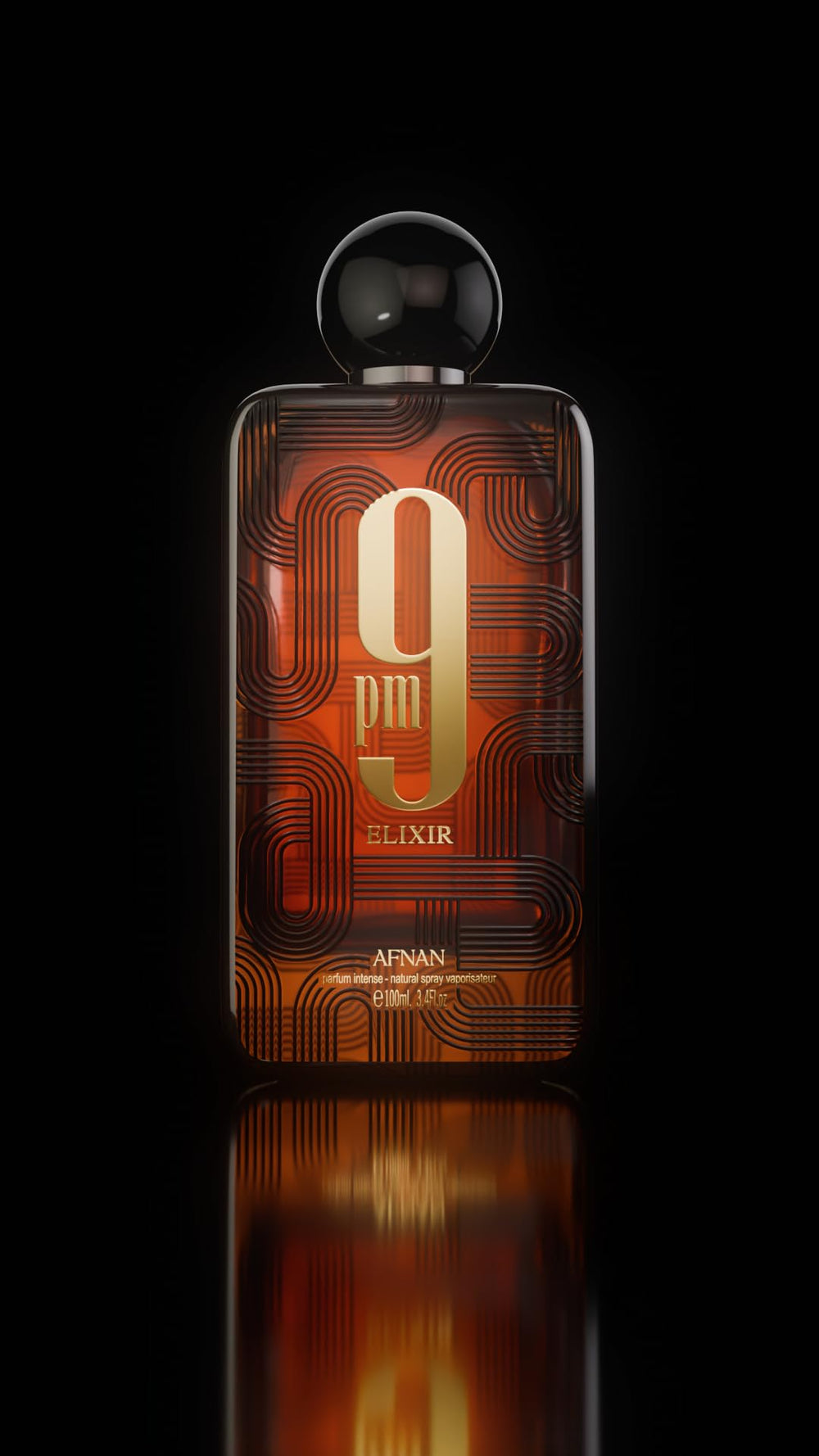 Afnan 9 PM Elixir still life with resin notes conveying warm, long-lasting base