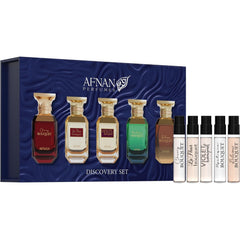 Afnan front packaging showing five mini vials, perfect for sampling