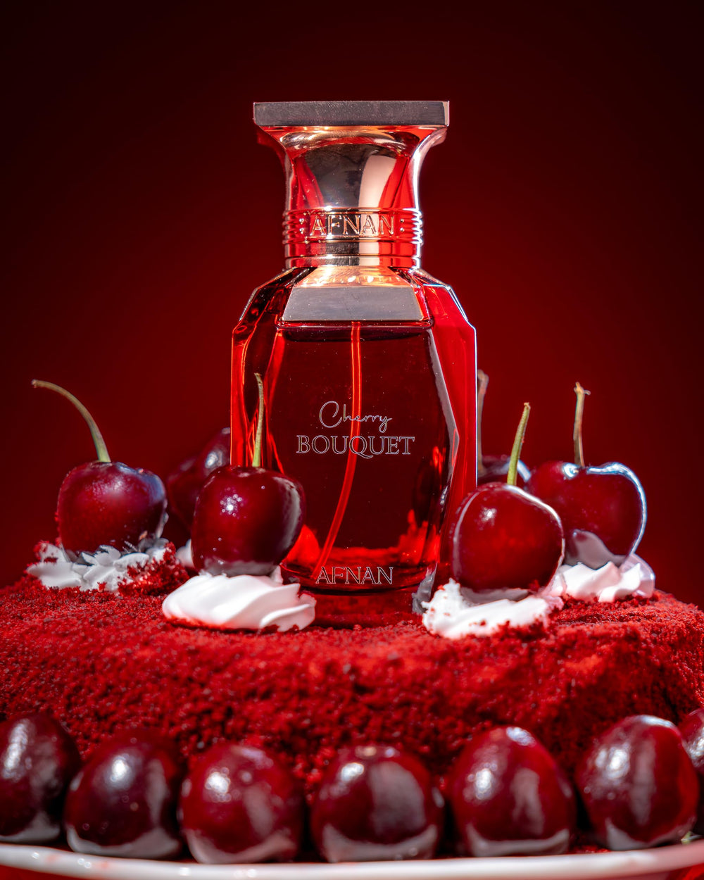 Afnan notes visual with cherries and roses representing fruity floral balance