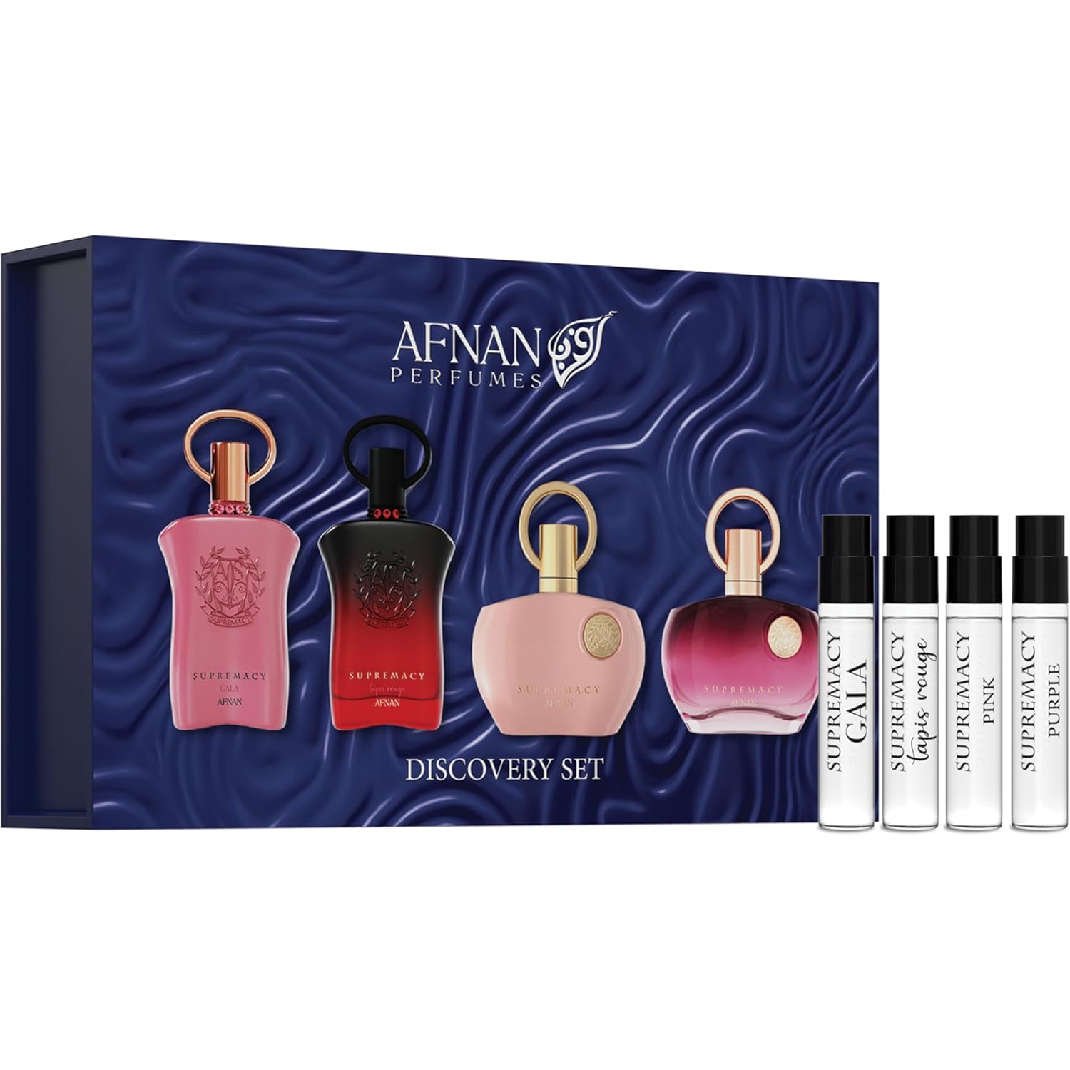 Afnan discovery set front packaging shows four vials and elegant presentation benefit: perfect gift