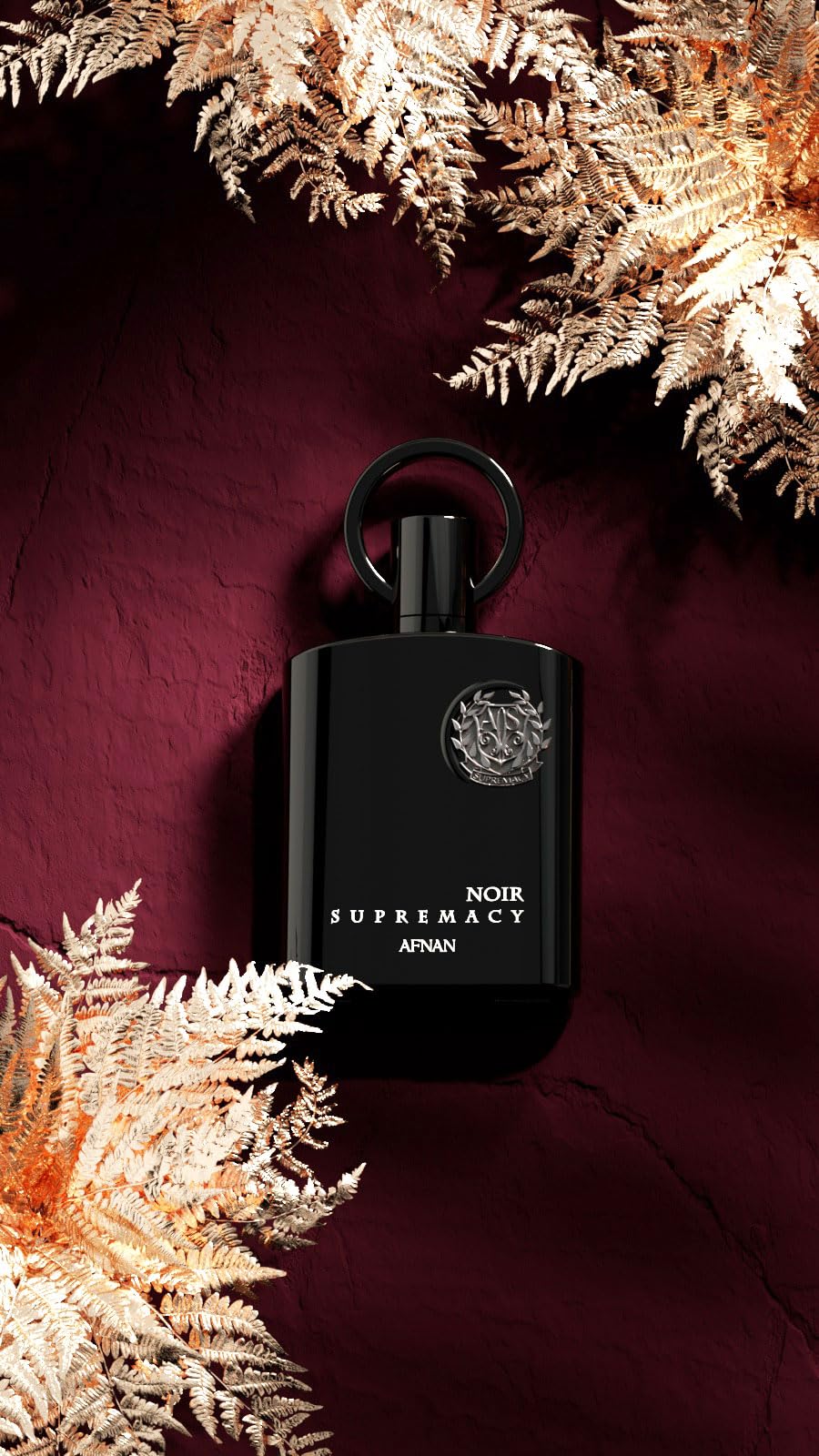 Afnan bottle placed on wood evoking pine notes and natural freshness