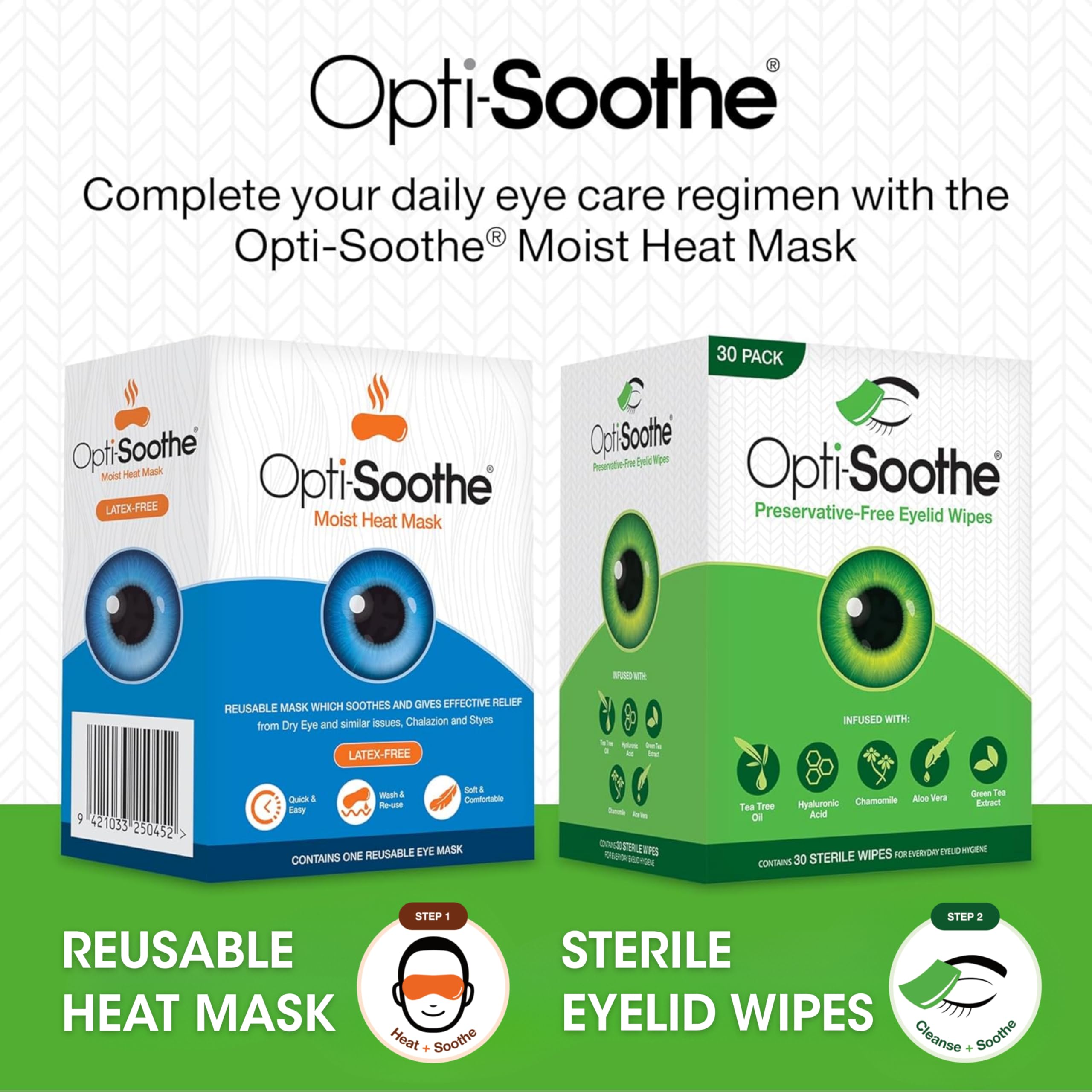 AFT Opti-Soothe on bathroom vanity with mirror, illustrating daily eyelid care routine