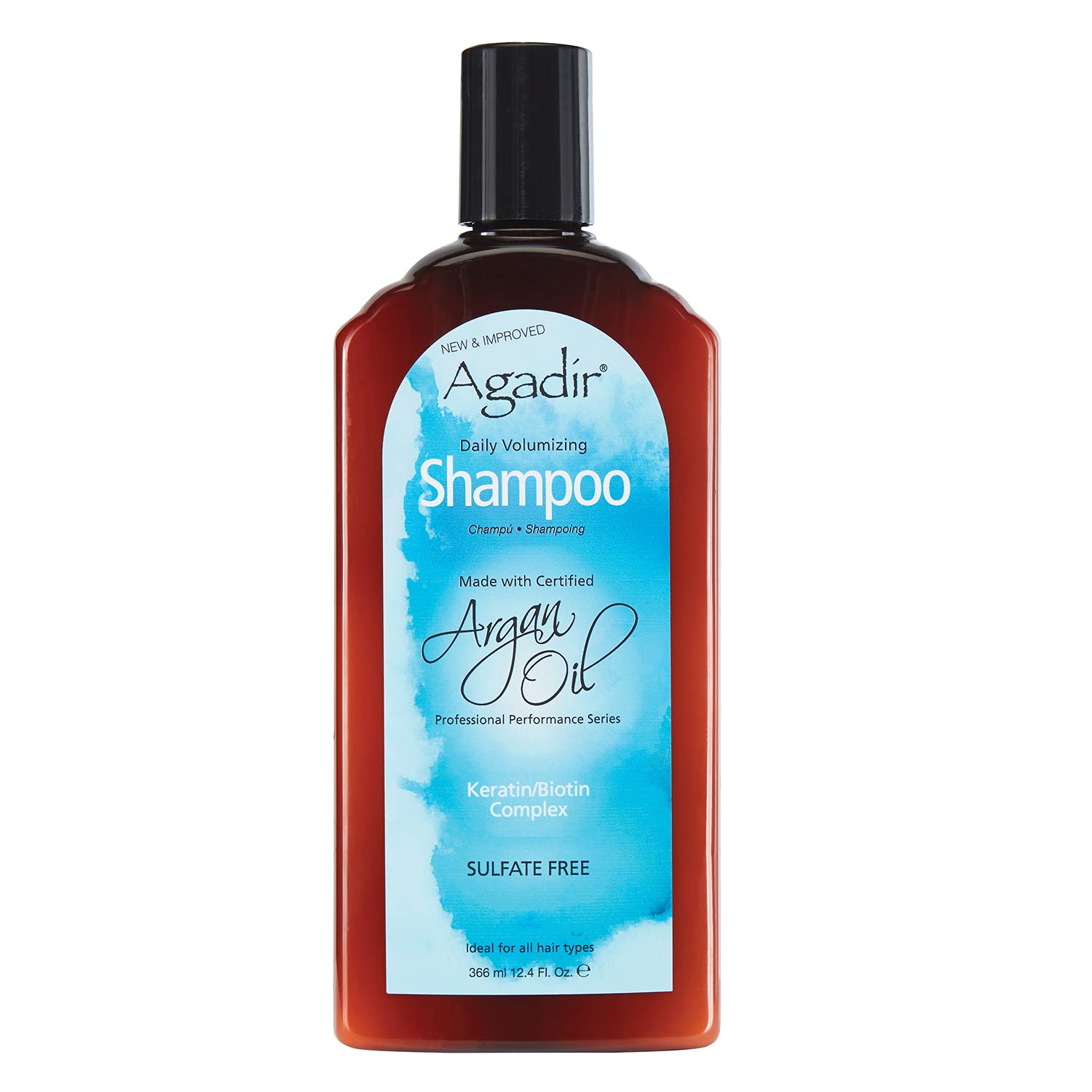 Agadir front bottle view showing label and volumizing benefit