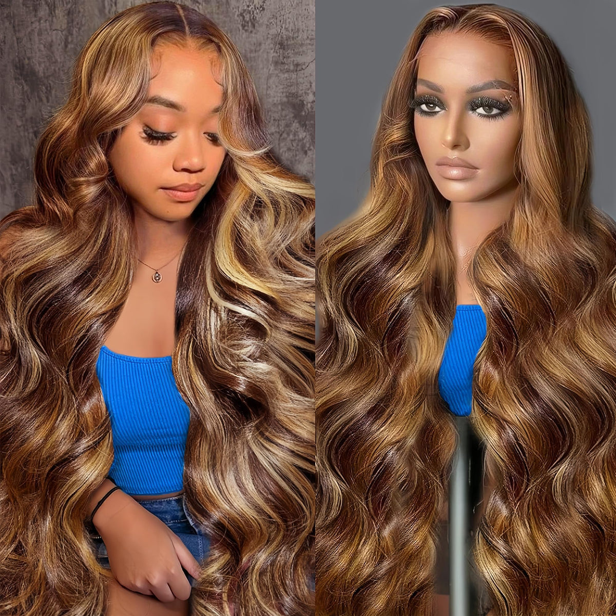 Agairl front view showing full 30-inch ombre wig and voluminous waves