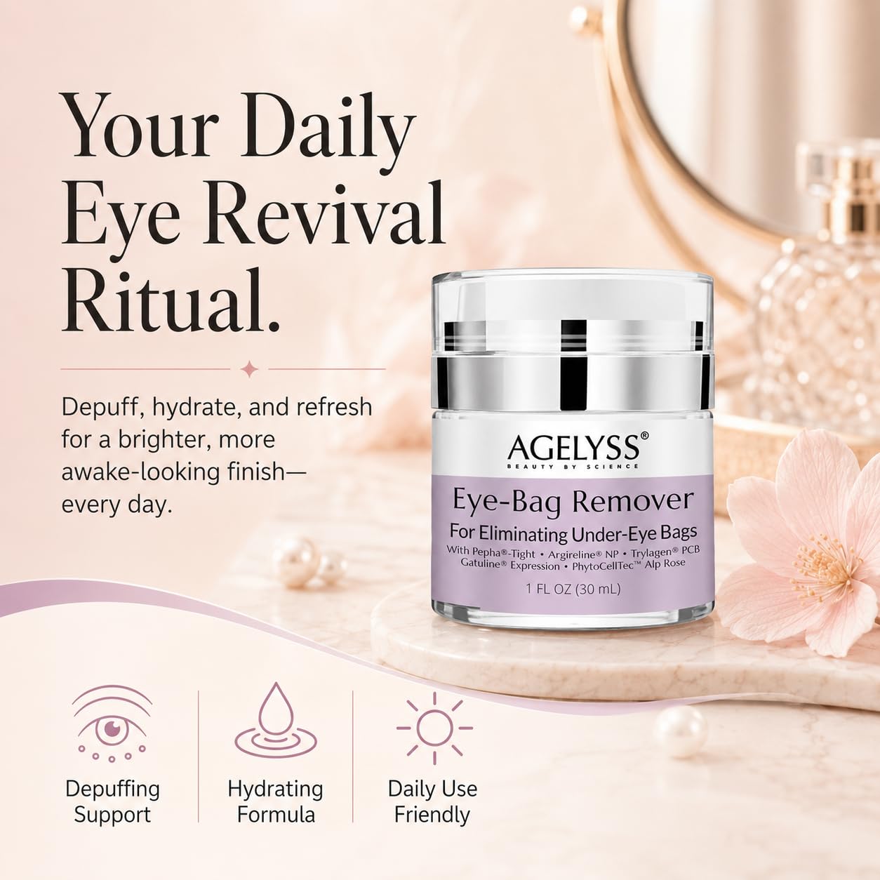 Agelyss ingredients flatlay emphasizing clean vegan formulation