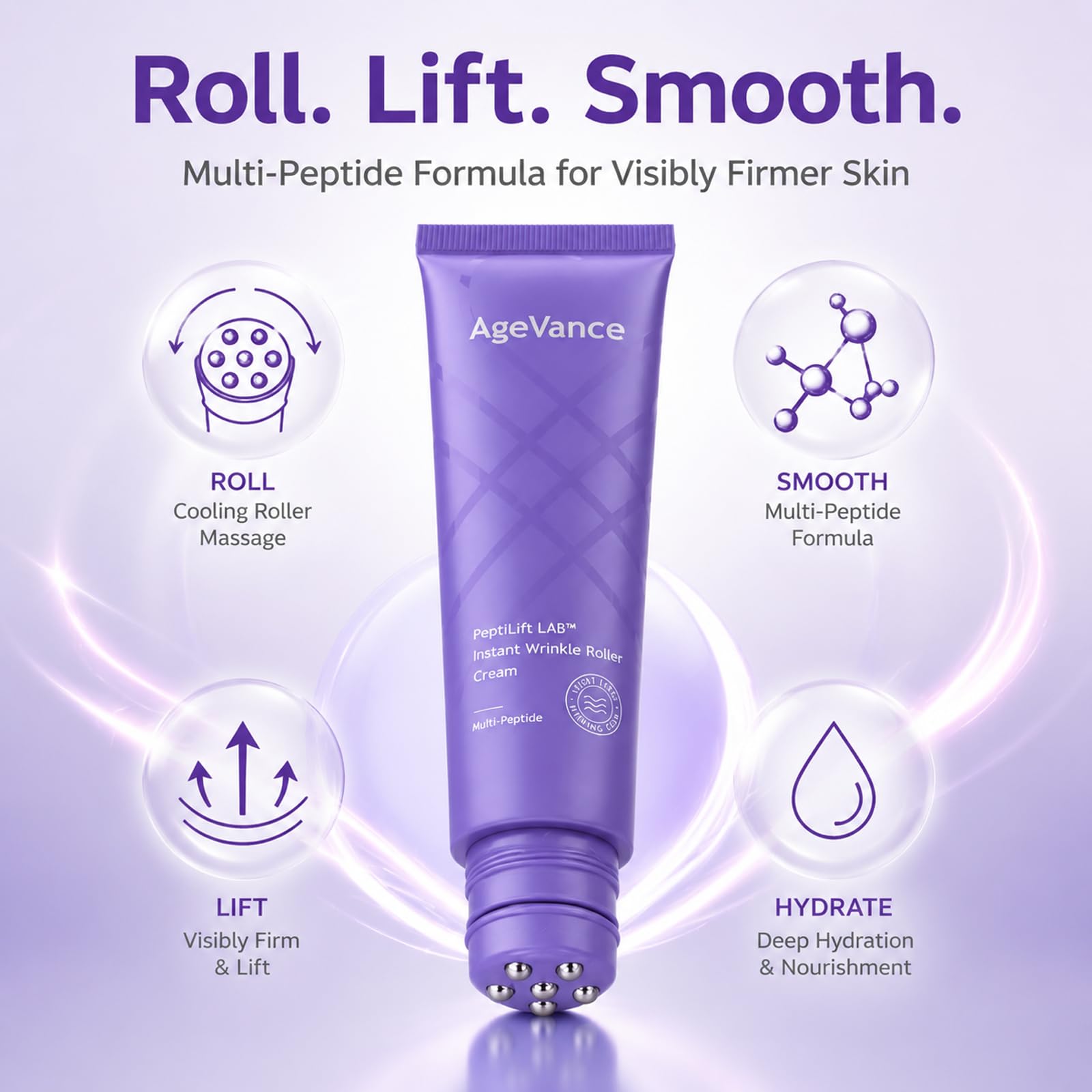 AgeVance PeptiLift being rolled along the neck for smoother appearance