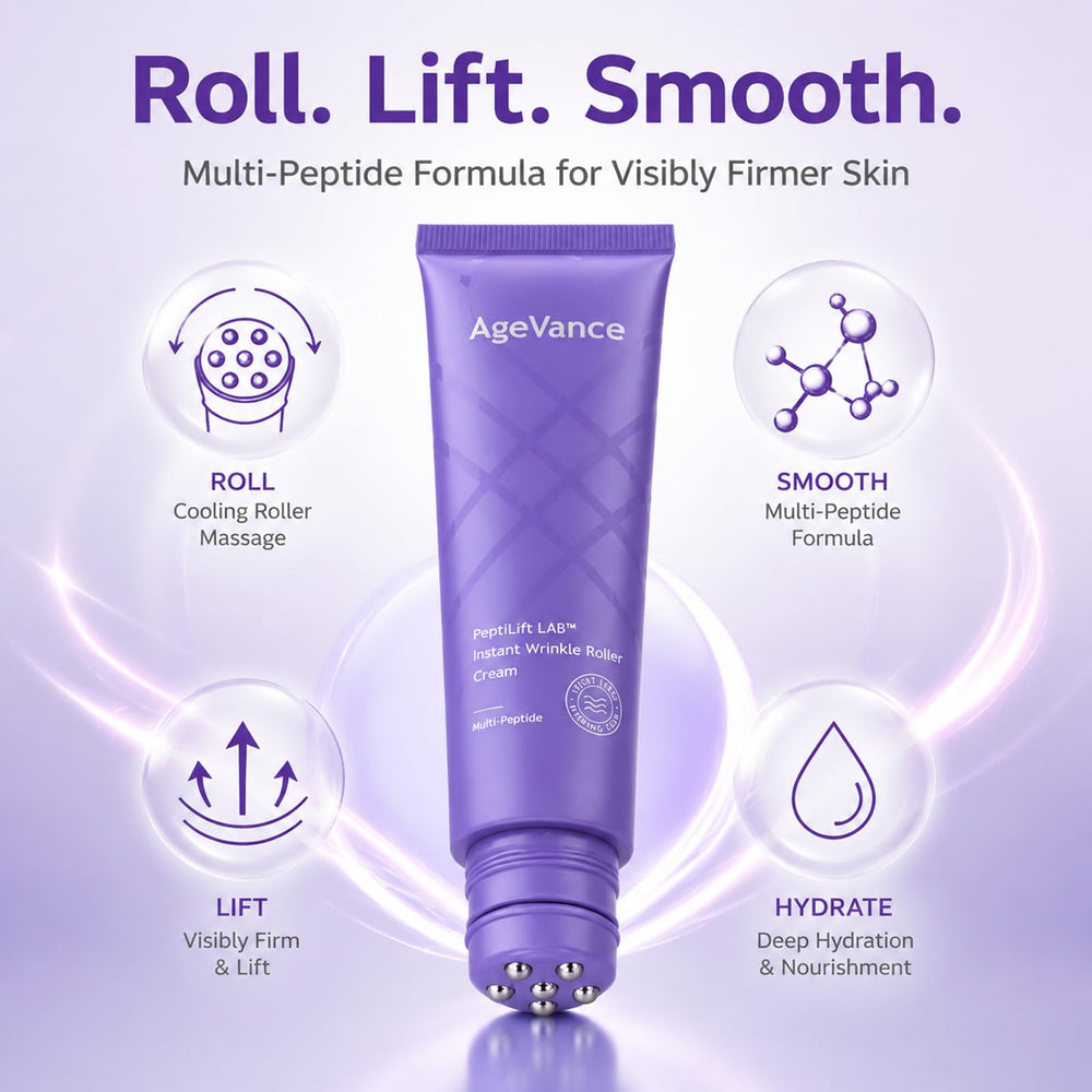 AgeVance PeptiLift cream dispensed on hand demonstrating silky absorbent formula for smooth neck