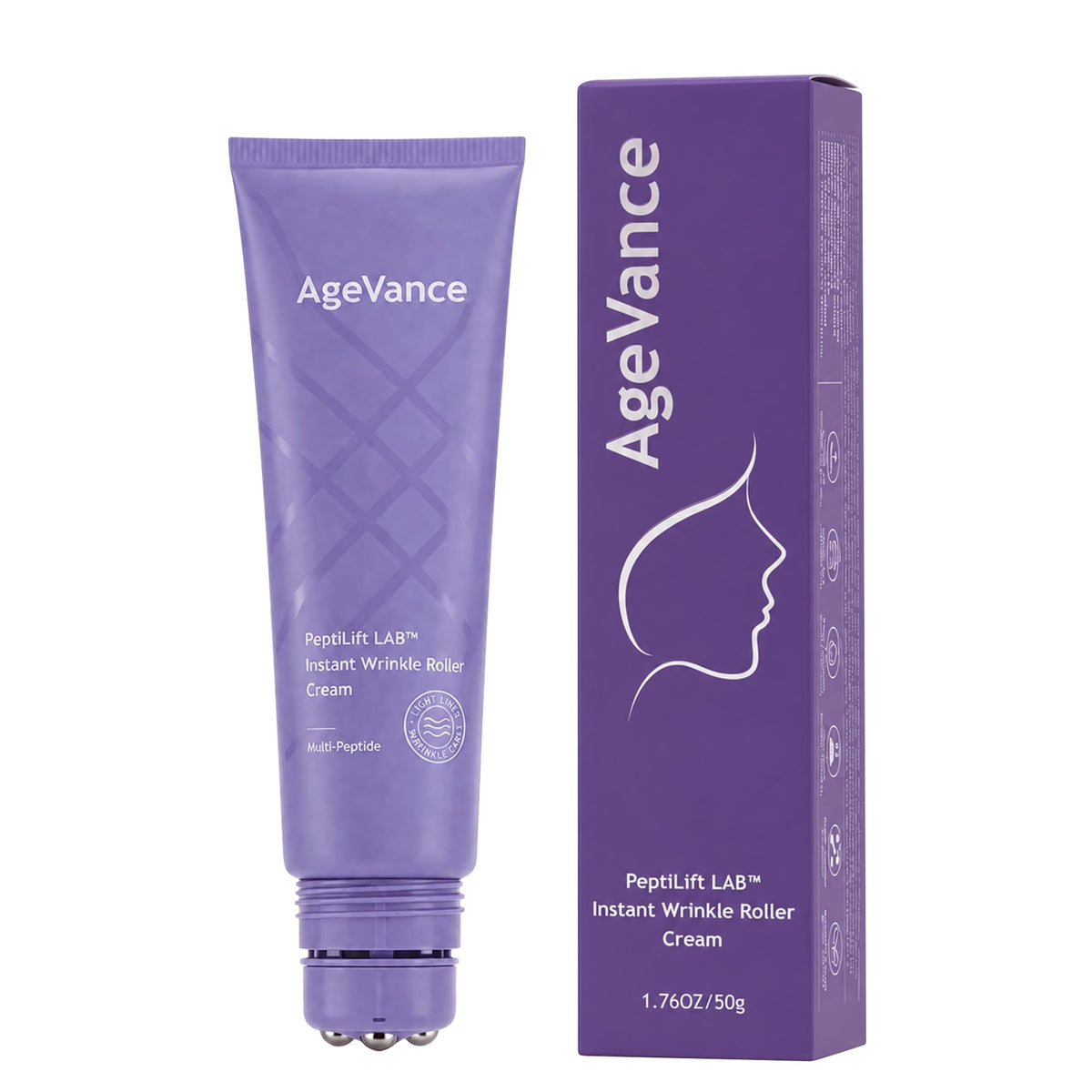 AgeVance PeptiLift front packaging showing compact 50g tube and roller for targeted firming