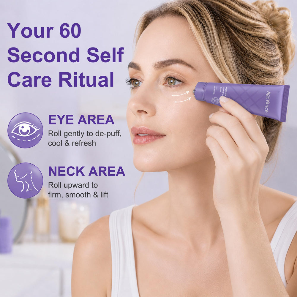 AgeVance PeptiLift next to common objects showing 50g travel-friendly size and convenience