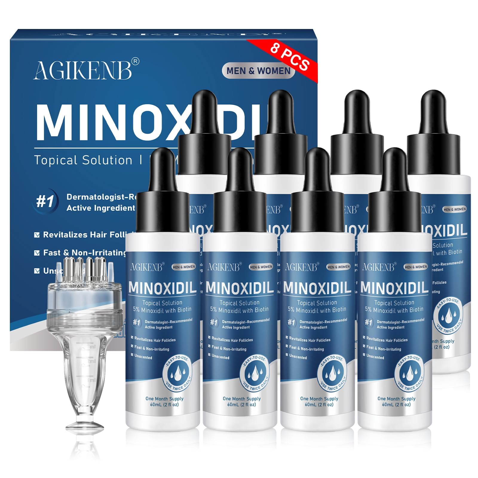 AGIKENB front label on eight-bottle pack showing kit benefits and supply