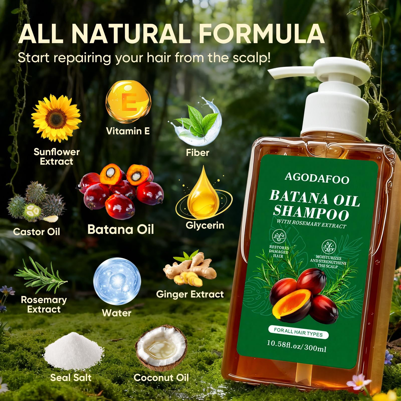Agodafoo batana shampoo ingredients display with rosemary and oils for nourishment