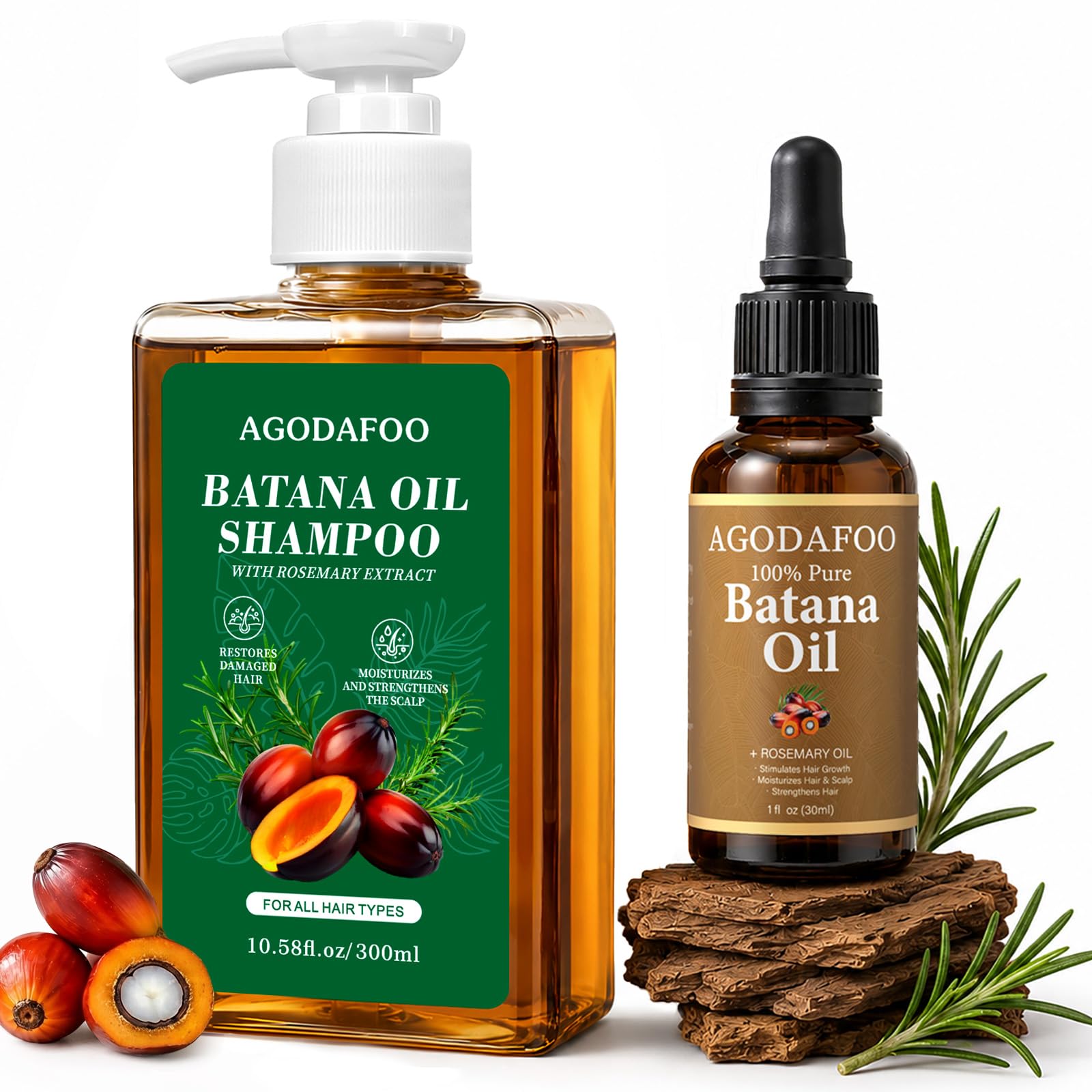 Agodafoo front packaging showing shampoo and oil for easy identification and benefits