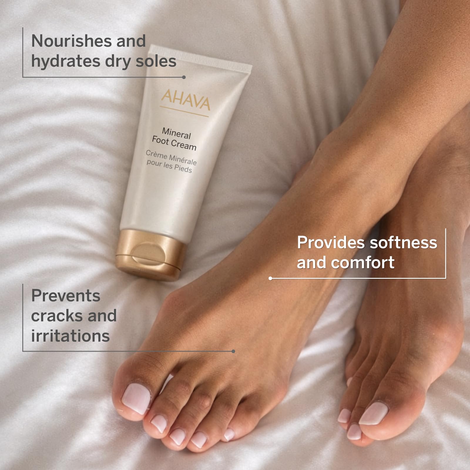 AHAVA applying cream to heel demonstrating quick hydration