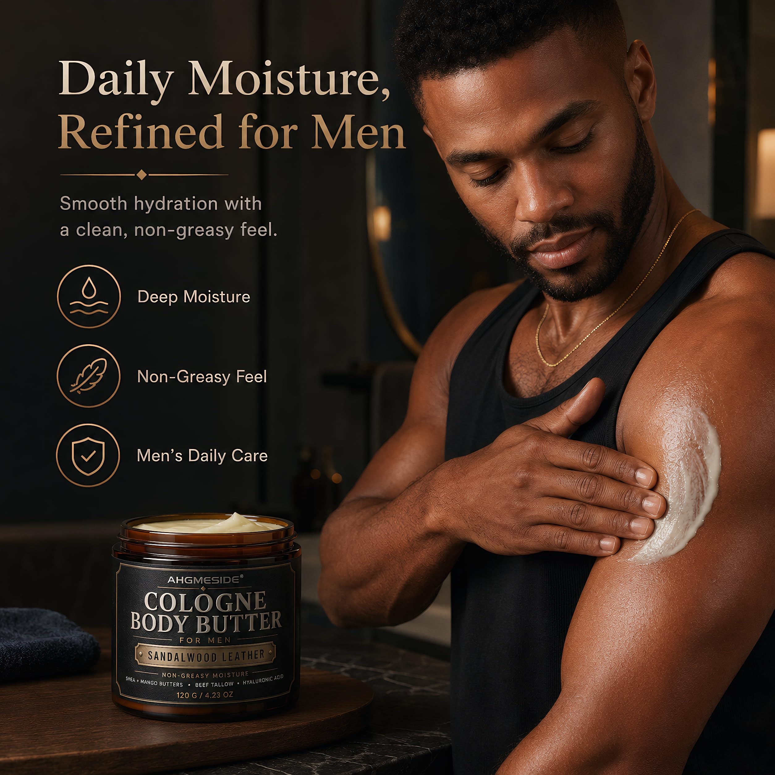 ahgmeside applying body butter on arm for immediate hydration benefit